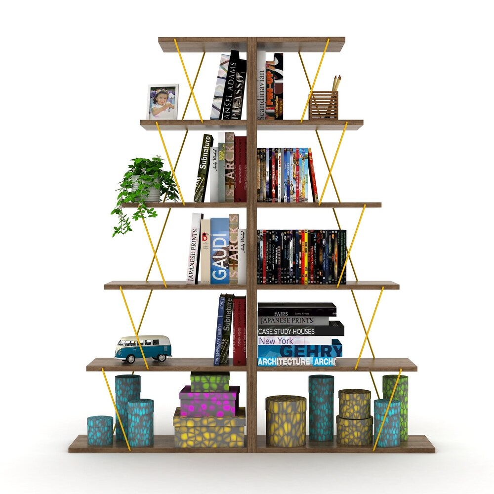 5 Tier Ladder Narrow Bookshelf Organizers for Small Spaces Office Furniture  Walnut/Yellow