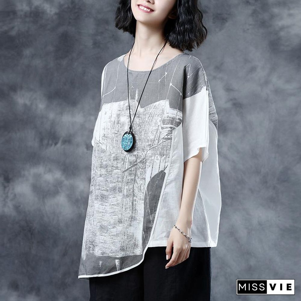 Elegant linen summer top casual Short Sleeve Abstract Pattern White Summer Blouses Shirts