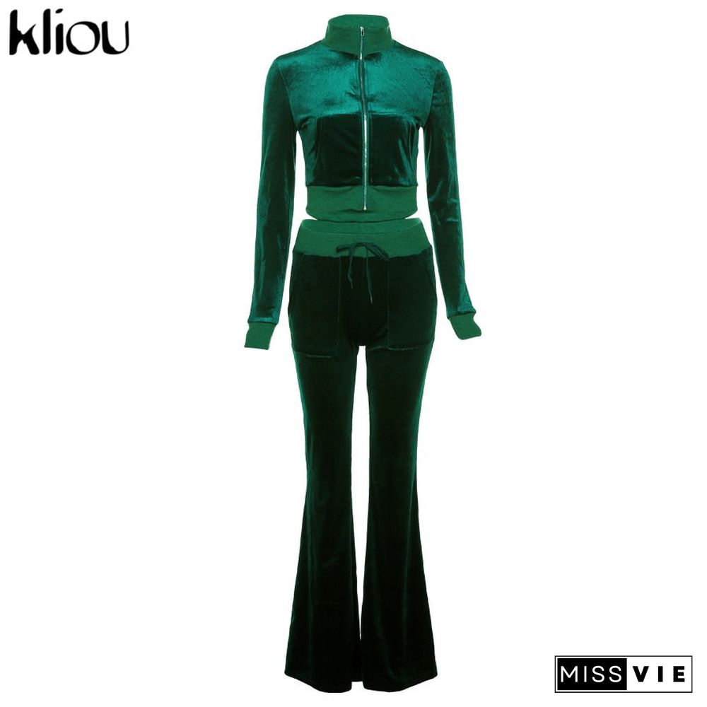 Kliou Solid Velour Two Piece Set Women Simple Casual Zipper Long Sleeve Turtleneck Top+Bandage Lace Slim Female Wide Leg Pants