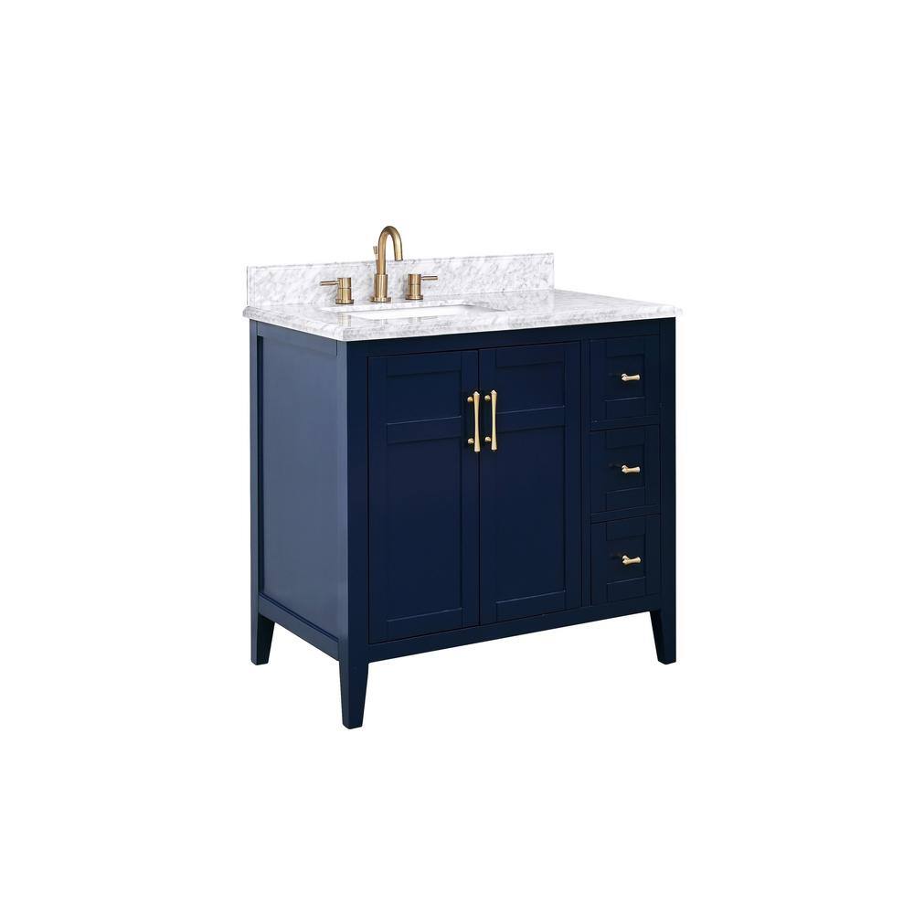 Home Decorators Collection Sturgess 37 in. W x 22 in. D x 35 in. H Bathroom Vanity in Navy Blue with Carrara White Marble Top 19111-VS37-NB