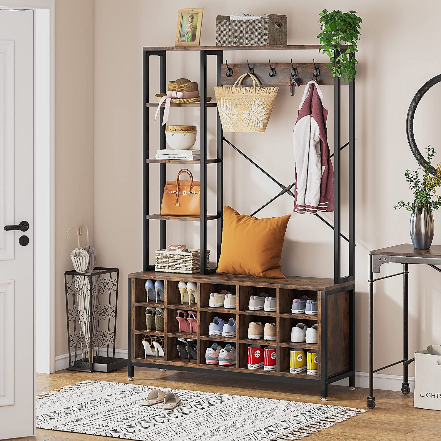 Tribesigns Entryway Hall Tree with Bench and Shoe Storage Bench with Coat Rack with Storage Shelves， Industrial Mudroom Bench with Shoe Storage and Coat Rack Hooks， Furniture for Hallway， Bedroom