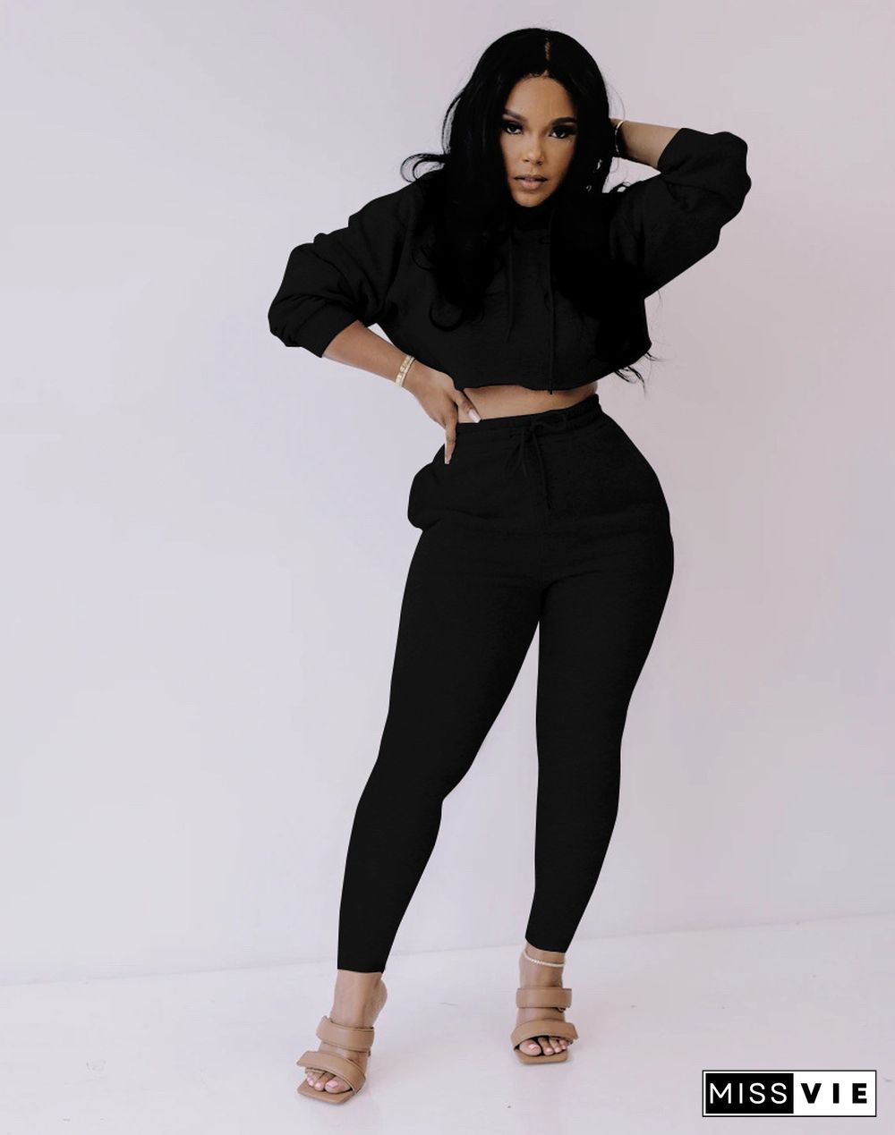 Women Long Sleeve Hoodie Crop Top+Jogger Pants Sport Suit