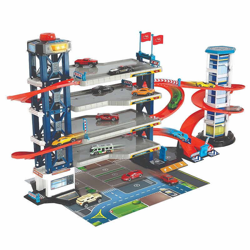 Dickie Toys Parking Garage Playset With 4 Die-Cast Cars And Die-Cast Helicopter