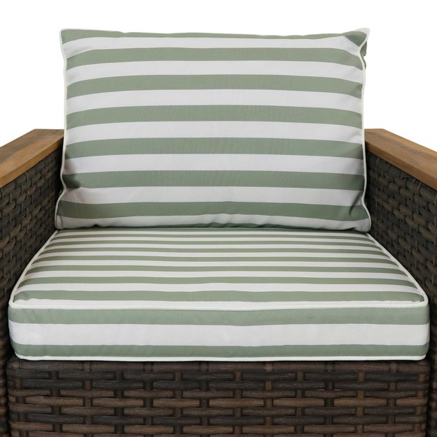 Sunnydaze Outdoor Rattan And Acacia Wood Kenmare Patio Conversation Furniture Set With Loveseat Chairs Table And Seat Cushions Green Stripe 4pc