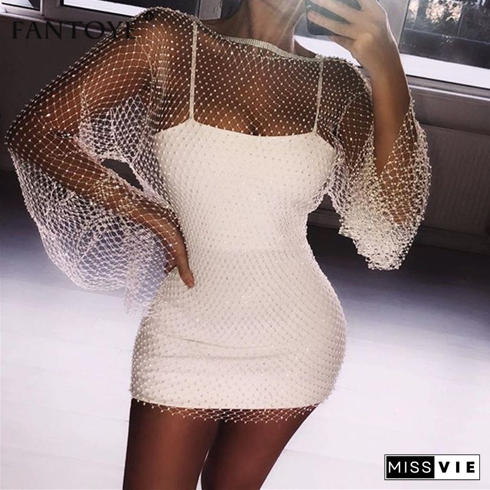 Fantoye New Crystal Diamond Sexy Bodycon Dress Women Hollow Out Mini Dress Summer Fishnet Mesh Beach Dress Party Vestidos