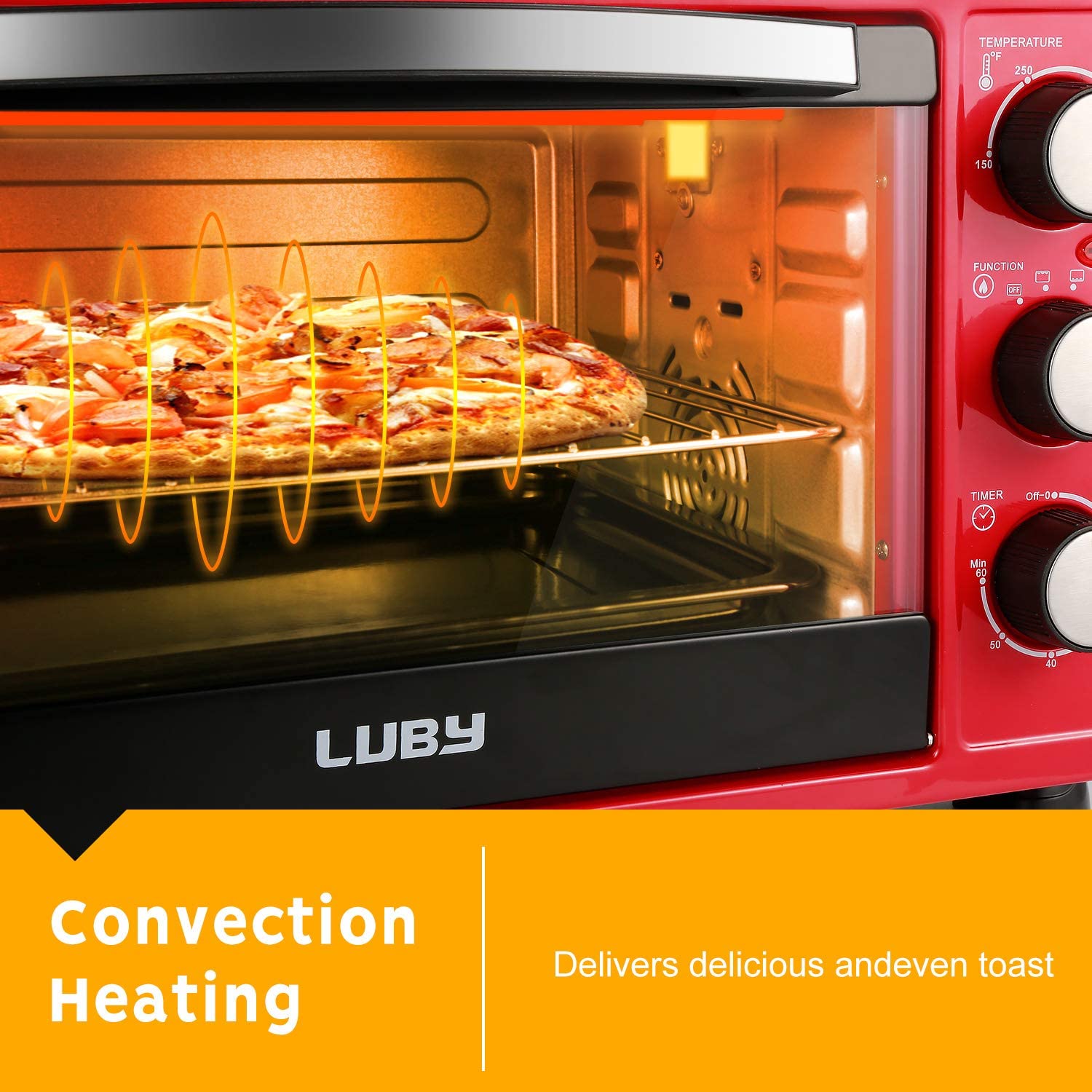 LUBY Convection Toaster Oven with Timer， Toast， Broil Settings， Includes Baking Pan， Rack and Crumb Tray， 6-Slice， Red