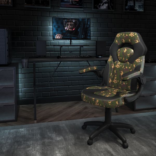 Optis Black Gaming Desk and Camouflage/Black Racing Chair Set with Cup Holder， Headphone Hook， and Monitor/Smartphone Stand