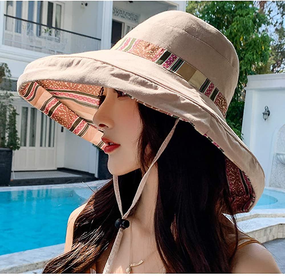 Women's Sun Hats Summer Beach Uv Protection Upf Packable Wide Brim Chin Strap，can Be Worn On Both Sides Oversized Bucket Hat