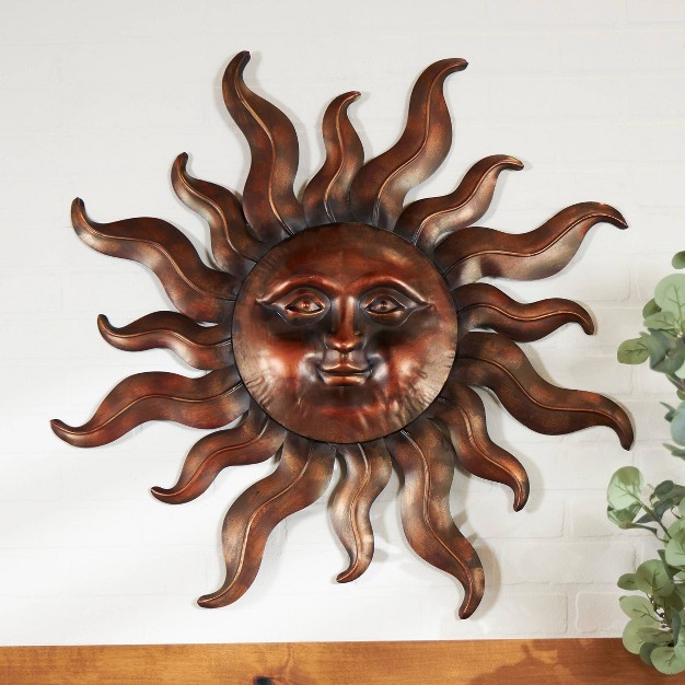 Metal Sun Wall Decor With Smiling Face And Curved Rays Copper Olivia amp May