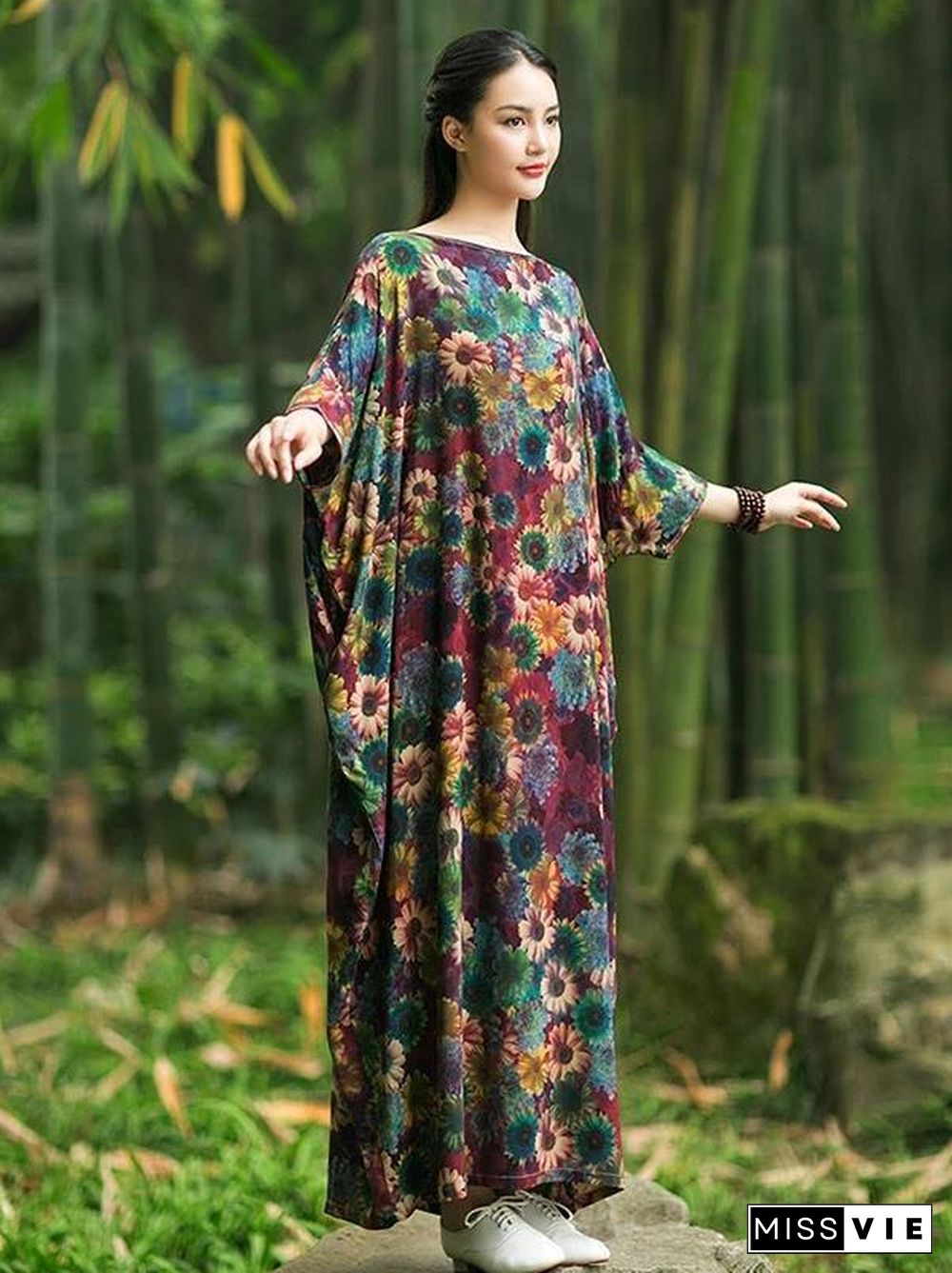 French floral cotton Long Shirts Slash neck Batwing Sleeve Maxi Dress