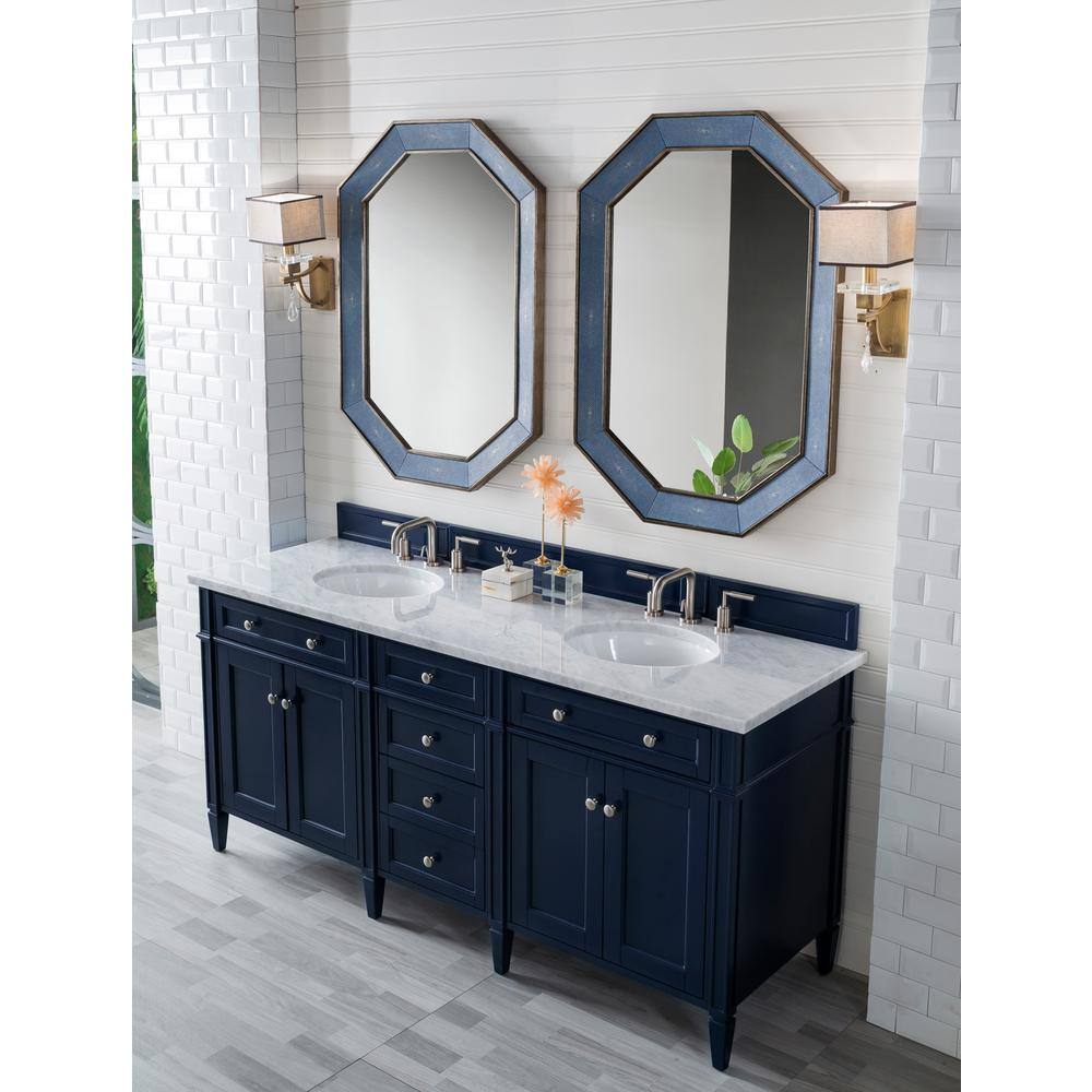 James Martin Vanities Brittany 72 in. W x 23.5 in. D x 34 in. H Double Bath Vanity Cabinet in Victory Blue with Marble Top in Carrara Marble 650-V72-VBL-3CAR