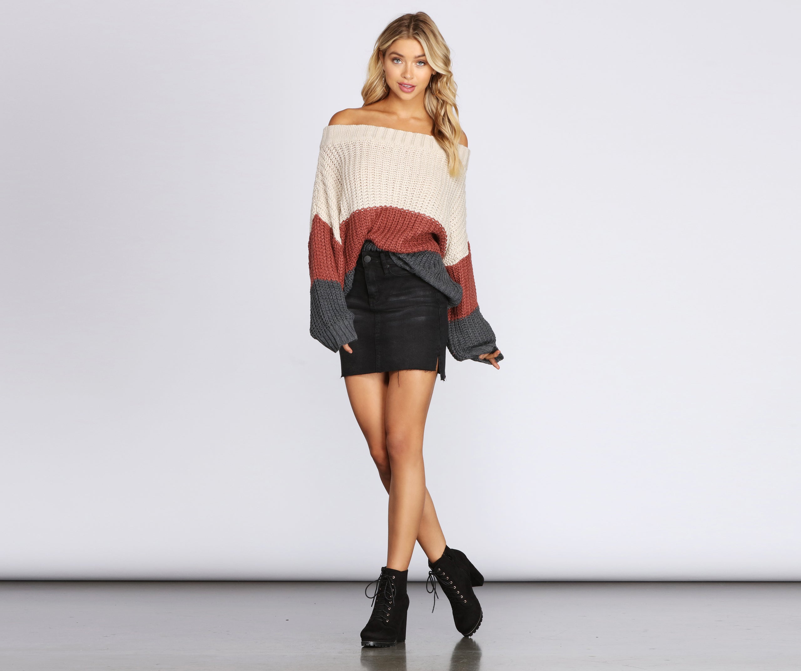 Cozy Colorblock Off The Shoulder Sweater