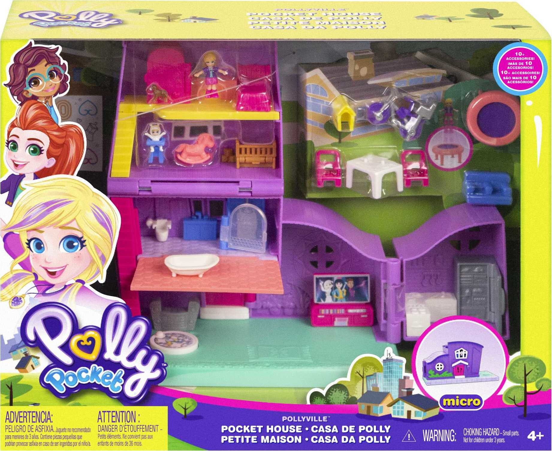 Polly Pocket Pollyville Pocket House Playset， Doll House with Micro Doll， Toy Bike and Furniture Accessories