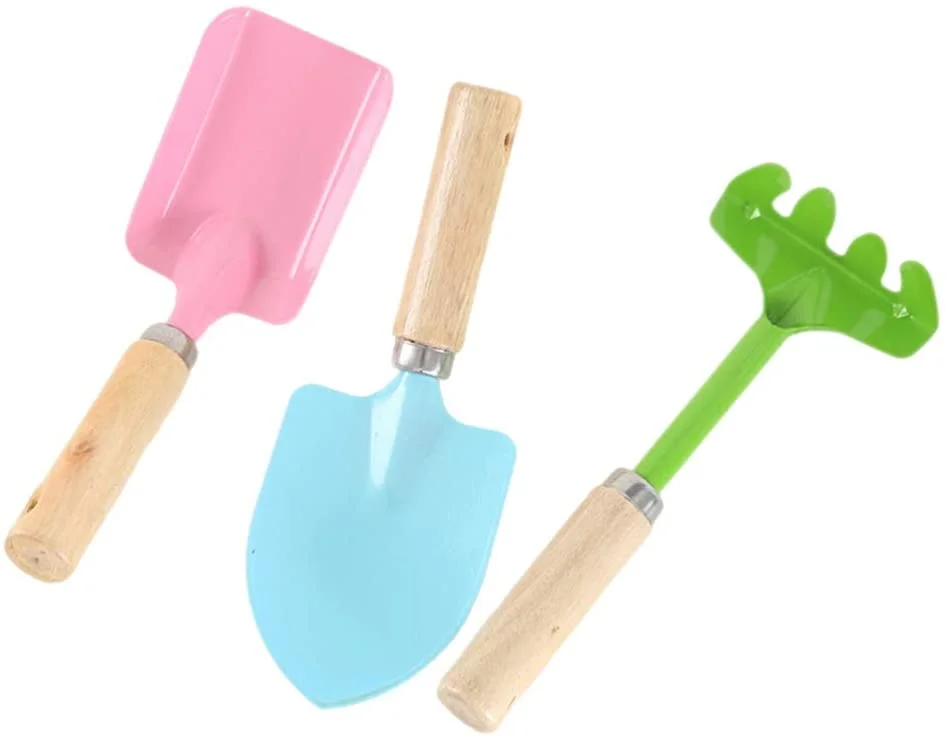 3 Piece Set Mini kids Garden Tool Spatula Rake Seedling Machine for Outdoor Potted Flowers Iron Wood