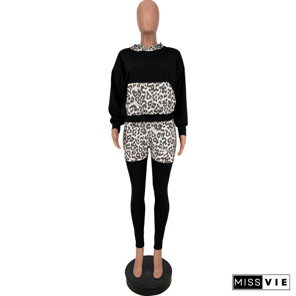 Leopard Patchwork Hoodie Sporty Pants Set