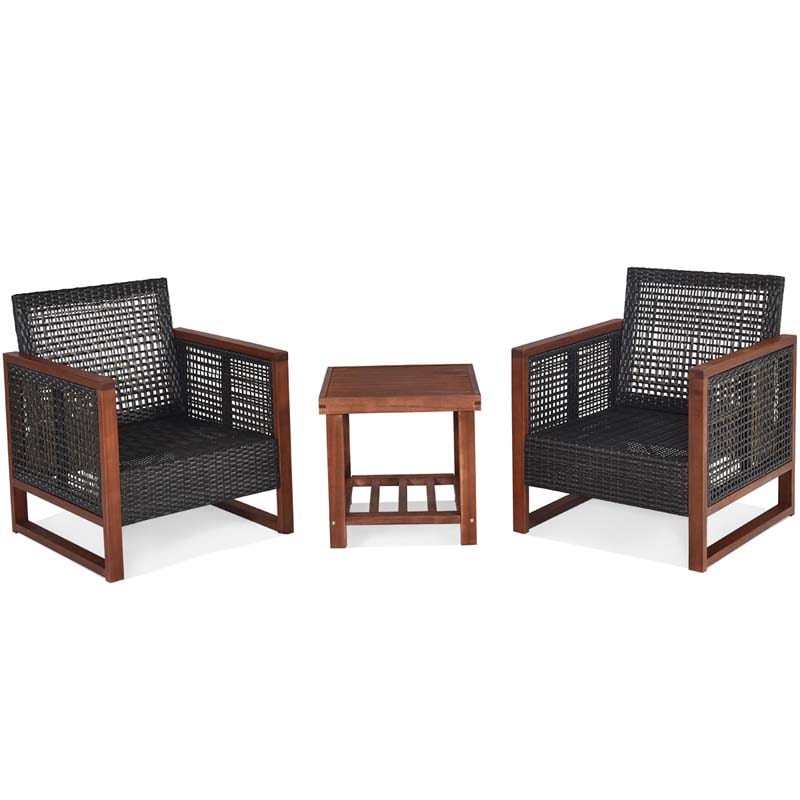 3 Pcs Rattan Patio Furniture Sofa Set Outdoor Conversation Bistro Set with Acacia Wooden Frame & Cushions