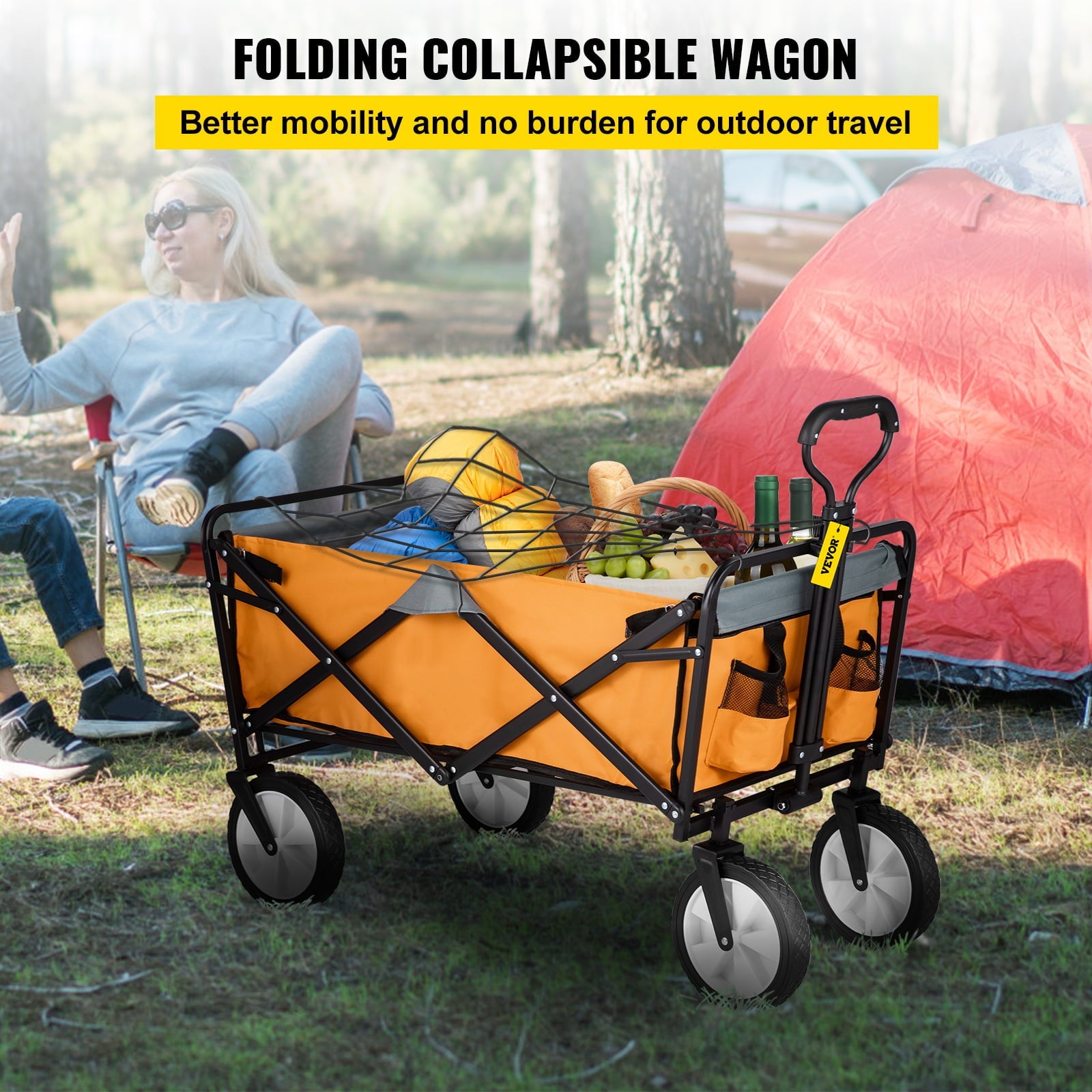 VEVORbrand Collapsible Wagon Cart ,Folding Wagon Cart , 176 lbs Load Beach Wagon Oversized Wheels, Portable Folding Wagon Adjustable Handles for Beach, Garden, Sports, Camping, Orange & Gray