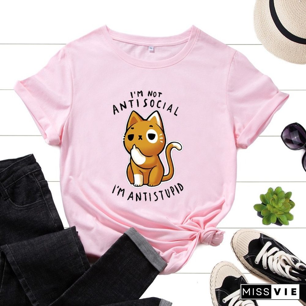 Summer Women Short Sleeve T-shirt Cat Letter Print Female Fashion Graphic Casual Streetwear Ladies Regular Daily O-Neck Tee Tops