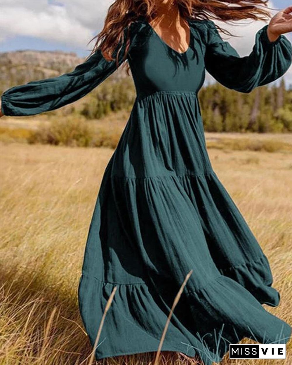 Women Retro Solid Color Back Zipper Puff Sleeve Loose Casual Maxi Dress