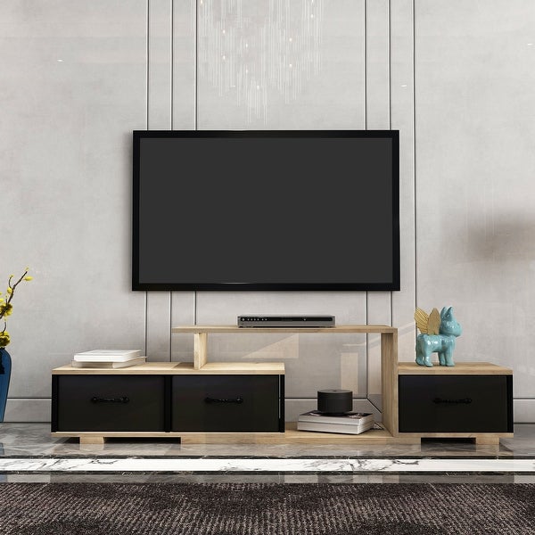 63''W Accent Asbtract Open Floor TV Stand Cabinet with 3 Fabric Drawer