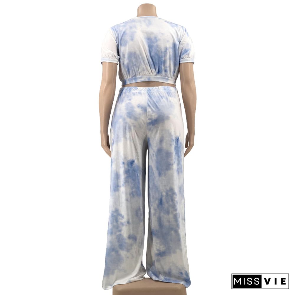 Tie Dye Short Sleeve Crop Tops Wide Leg Pants Set