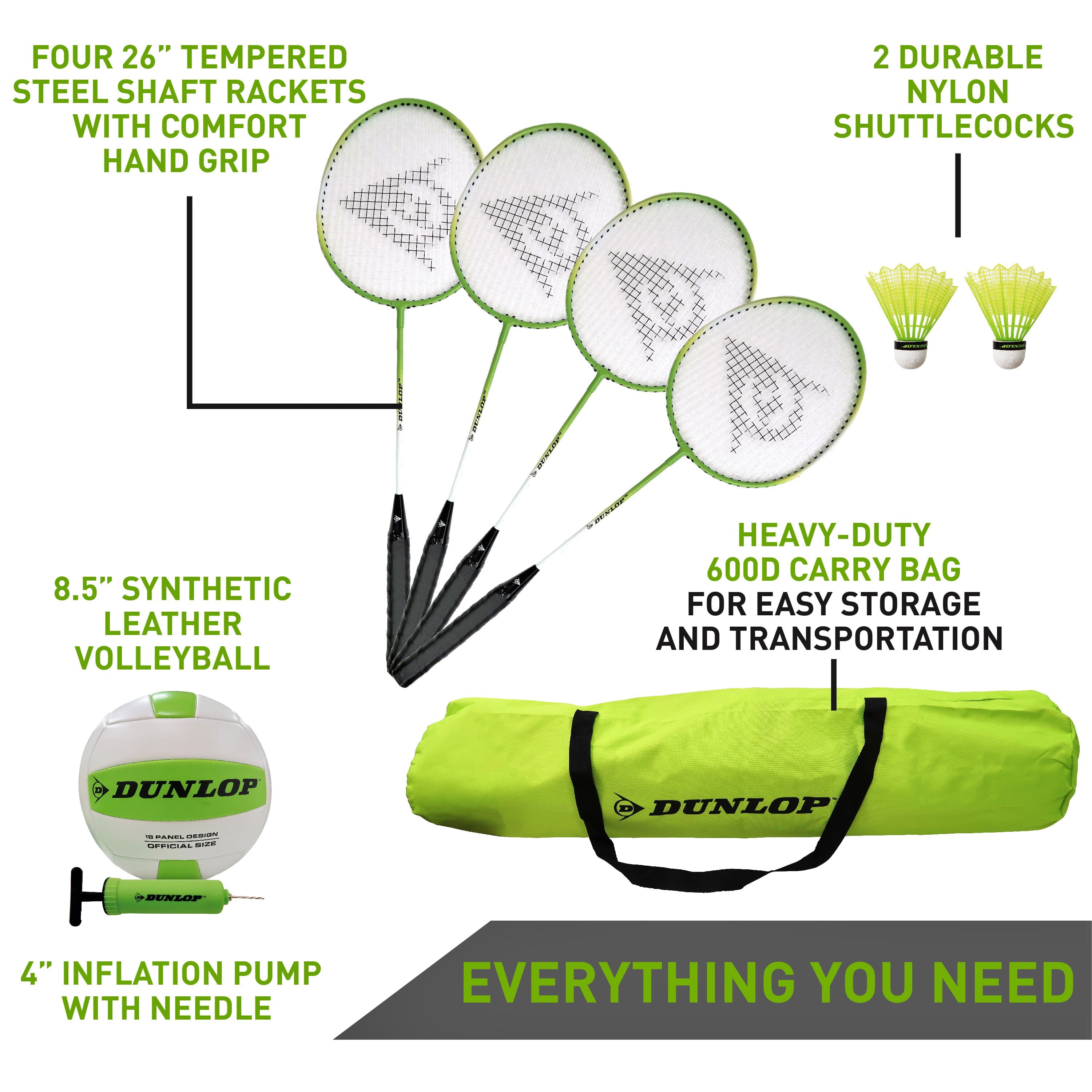 Dunlop Steel Pole Volleyball & Badminton Combo Set, Lawn Game, Green/Black