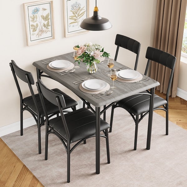 Dining Table Set for 4， Kitchen Table and Chairs， Metal and Wood Rectangular Dining Room Table Set with 4 Upholstered Chairs