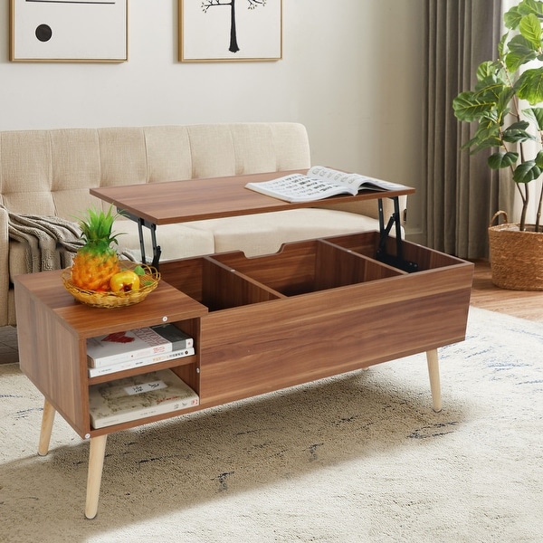 Wood Lift Top Coffee Table w/ Hidden Storage Compartments and Shelves