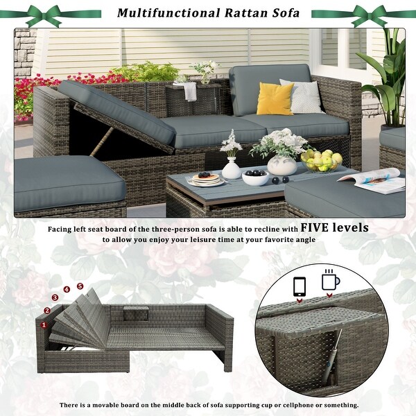 5 Pieces Outdoor Furniture Wicker Sectional Conversation Sofa Set LiftTop Coffee Table Adjustable Backrest Ottomans Rattan