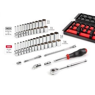 TEKTON 14 in. Drive 12-Point Socket and Ratchet Set with Rails (532 in.-916 in. 4 mm-15 mm) (57-Piece) SKT03302