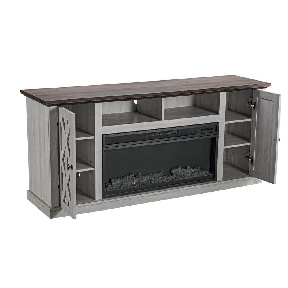 FESTIVO 68 in Freestanding Electric Fireplace TV Stand in Saw Cut Off White with Dark Desktop