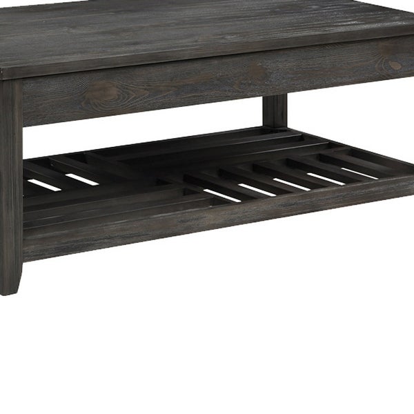 Transitional Style Wooden Coffee Table with Open Slatted Shelf， Gray