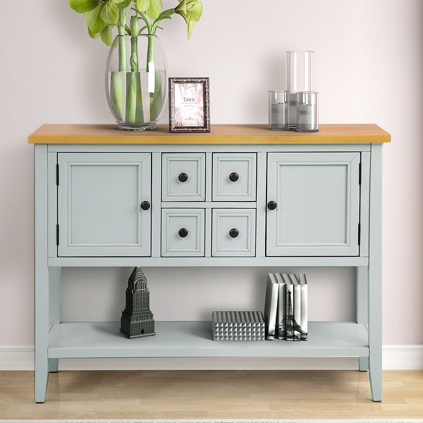 Wooden Console Table with 4 Storage Drawers and 2 Cabinets， Sofa Table with Bottom Shelf and Solid Wood Legs， Lime White