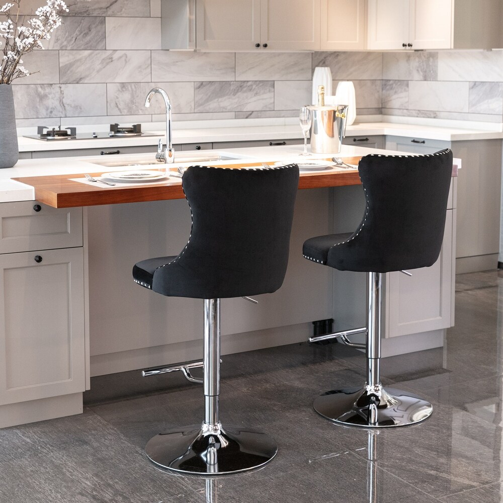 Velvet Swivel Chrome Base Bar Stools Black Button Tufted Barstools with Adjusatble Seat Height and Footrest Dining Chair 2pcs