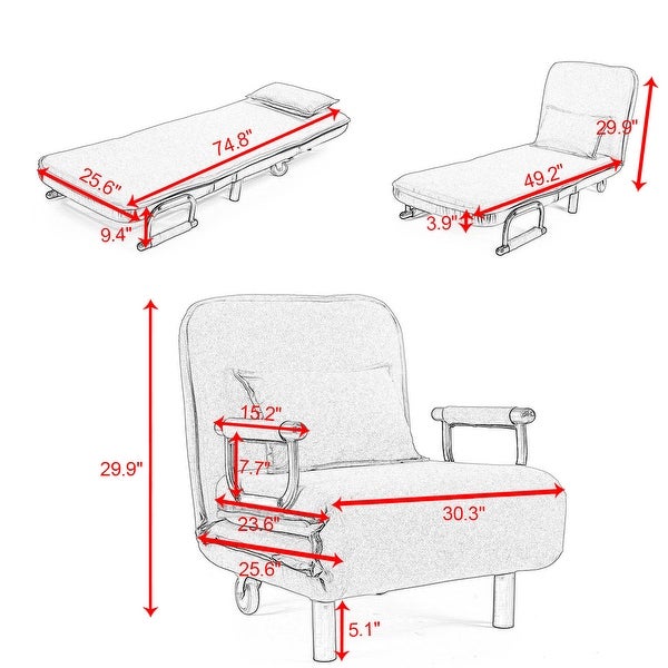 25.6in. Adjustable Folding Lounge Chair with Pillow， Dual-Purpose Sofa Bed