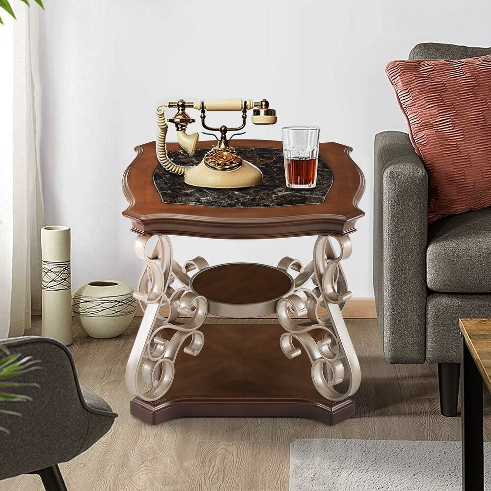 Sculptural Storage Side Table Marble Paper Top End Table with Serpentine Legs and Scrolling Flower Elements for Livingroom