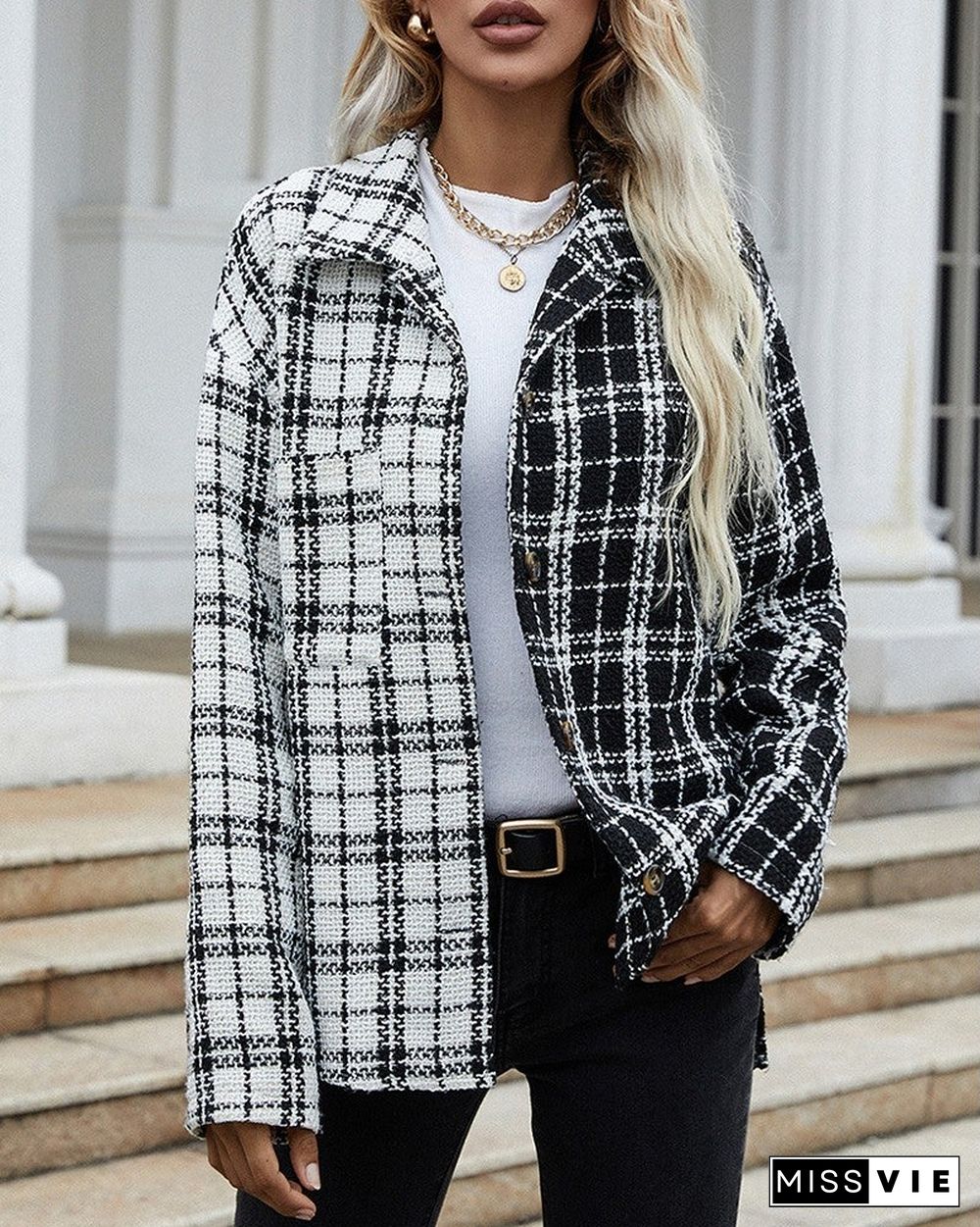 Plaid Print Colorblock Button Design Coat