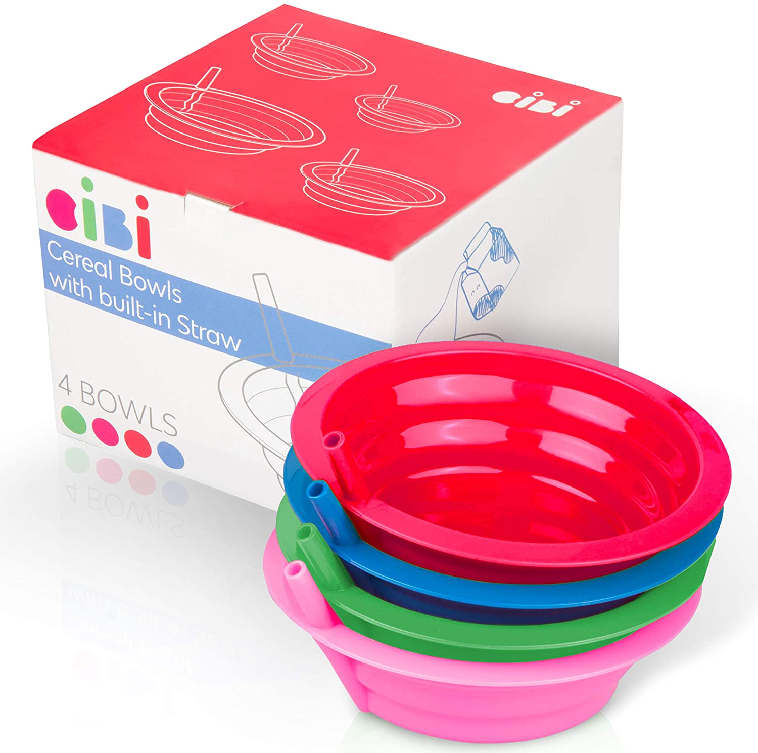 Cibi Cereal Bowls with Straws For Kids | BPA-Free 22 Ounce Sip-a-Bowl | Microwaveable and Dishwasher Safe Toddler Bowl Set for a Fuss-Free Breakfast | Four Pack in Blue， Pink， Green， and Red