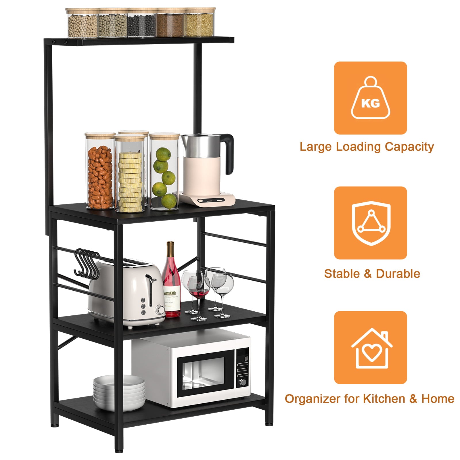 Cheflaud Kitchen Baker's Rack Storage Shelf Microwave Cart Oven Stand Coffee Bar with Side Hooks 4 Tier Shelves(Black)