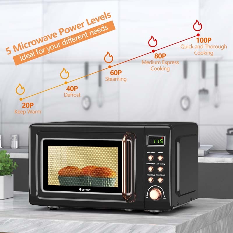 0.7Cu.ft Retro Countertop Microwave Oven, 700W with 5 Microwave Power, Glass Turntable & Viewing Window