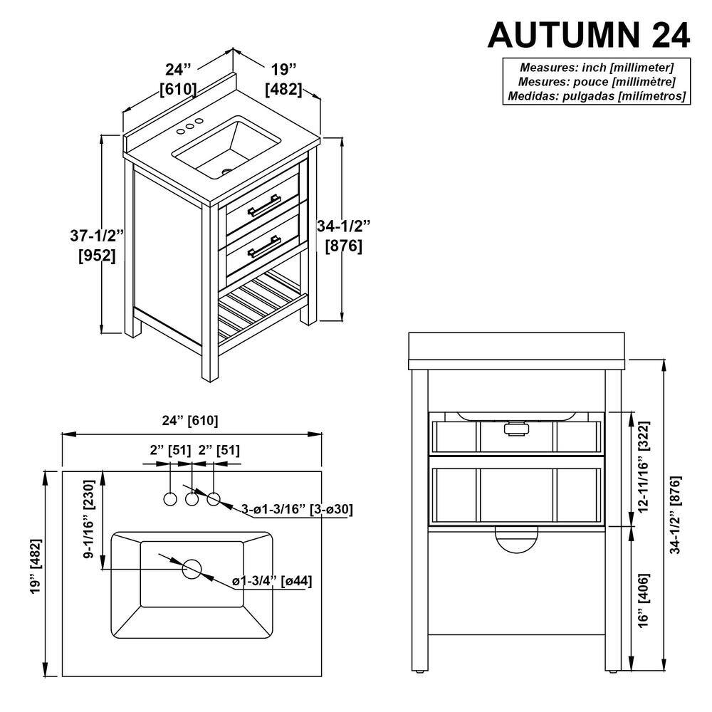 Home Decorators Collection Autumn 24 in. W x 19 in. D x 34.50 in. H Freestanding Bath Vanity in White with White Engineered Stone Top Autumn 24W