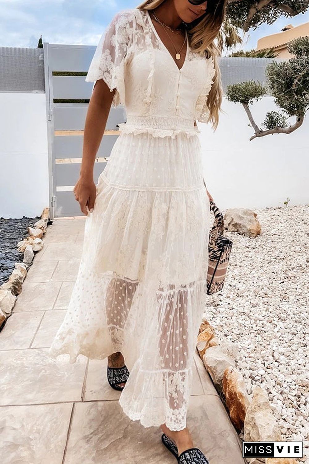 Button Lace V Neck Short Sleeve Maxi Dress