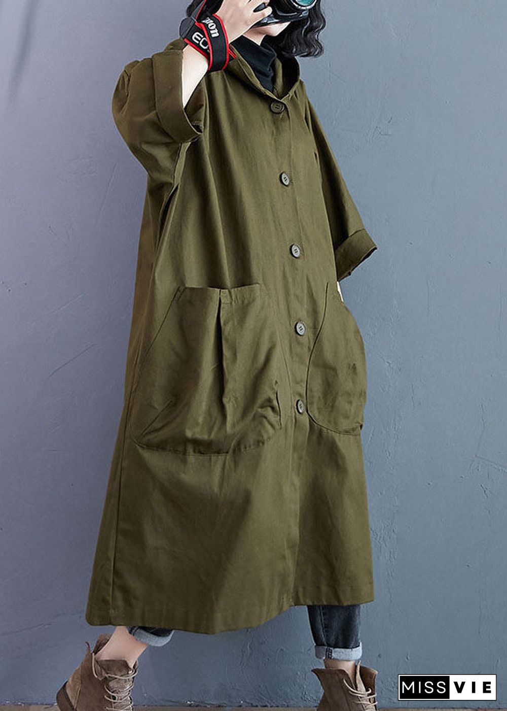 Elegant Army Green Pockets Button Fall Hooded Long sleeve Trench Coats