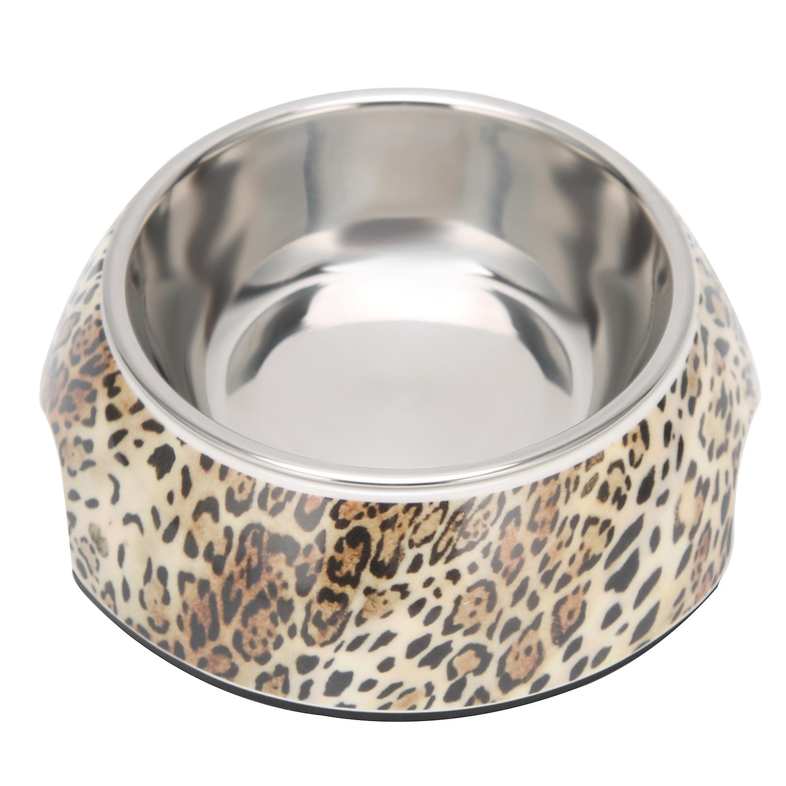 2 In 1 Dog Food And Water Bowl Antislip Base Stainless Steel Pet Bowl Feeder Dishm For Leopard Pattern