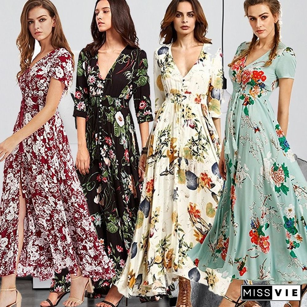 Fashion Bohemian Dress Womens V Neck Floral Print Big Swing Long Dress Plus Size