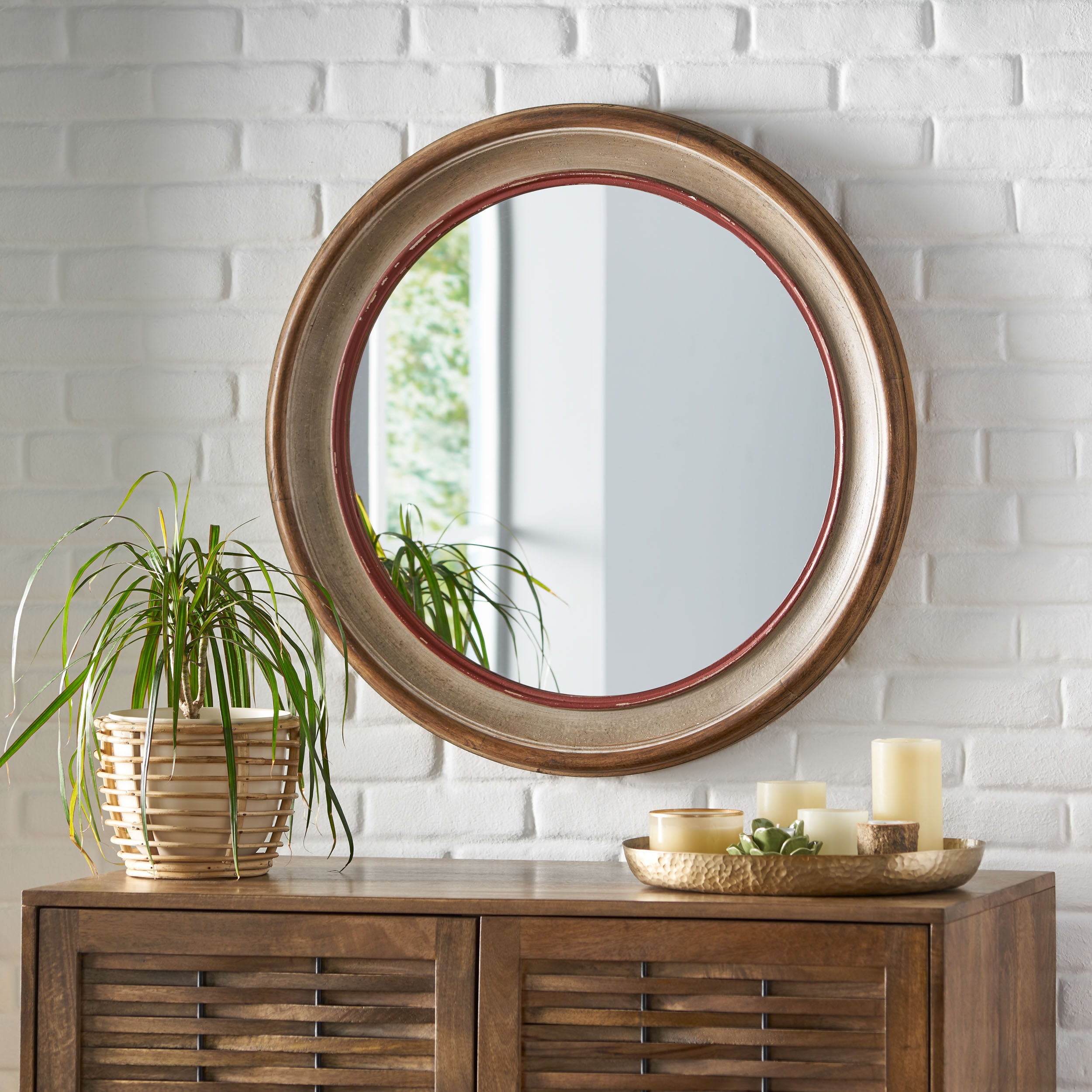 Parham Haynes Boho Wood Round Mirror, White Washed and Red