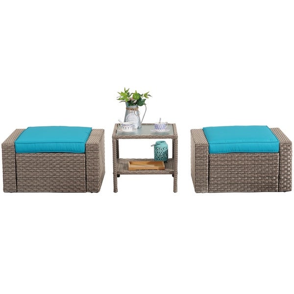 3 Piece Outdoor Ottomans with Glass Coffee Table - Overstock - 37928260