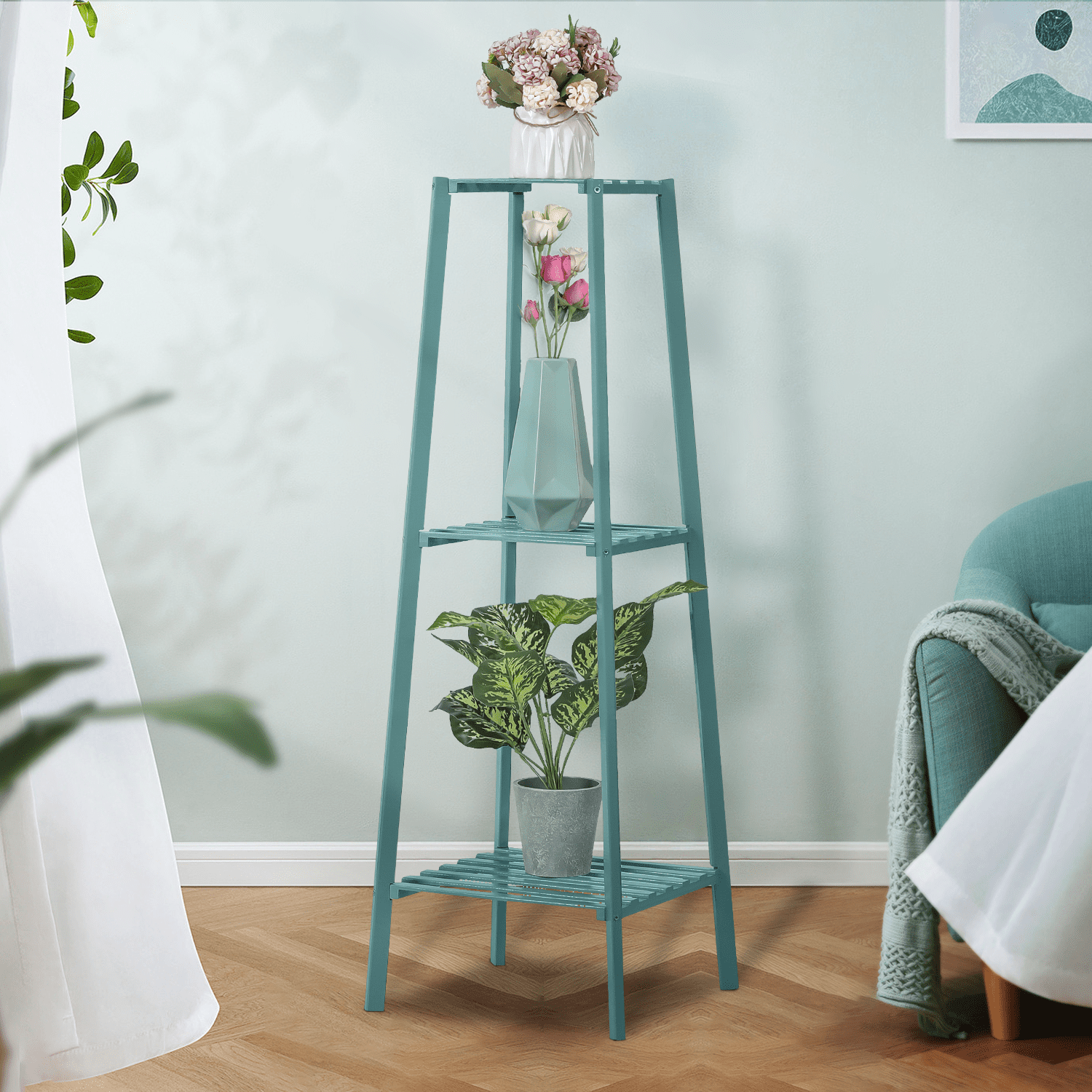 MoNiBloom Bamboo 3 Tiers Trapezoid Plant Stand, Display Rack, Flower Storage Shelf, Green, for Garden