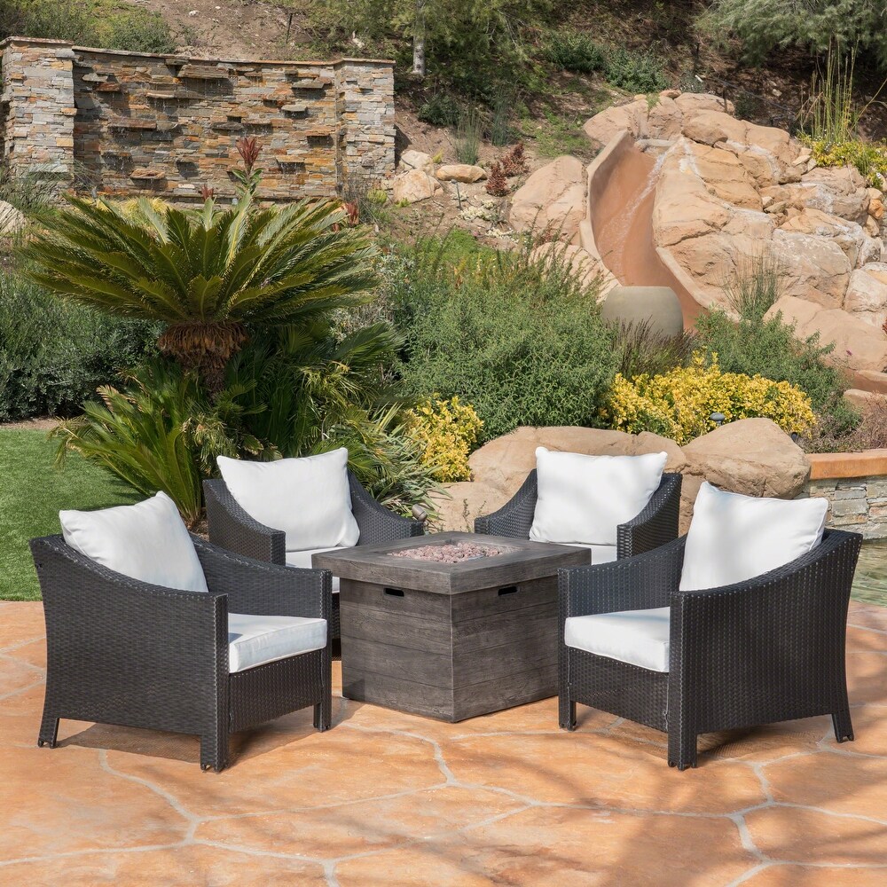 Antibes Outdoor 5 piece Wicker Club Chair Set with Square Firepit by Christopher Knight Home