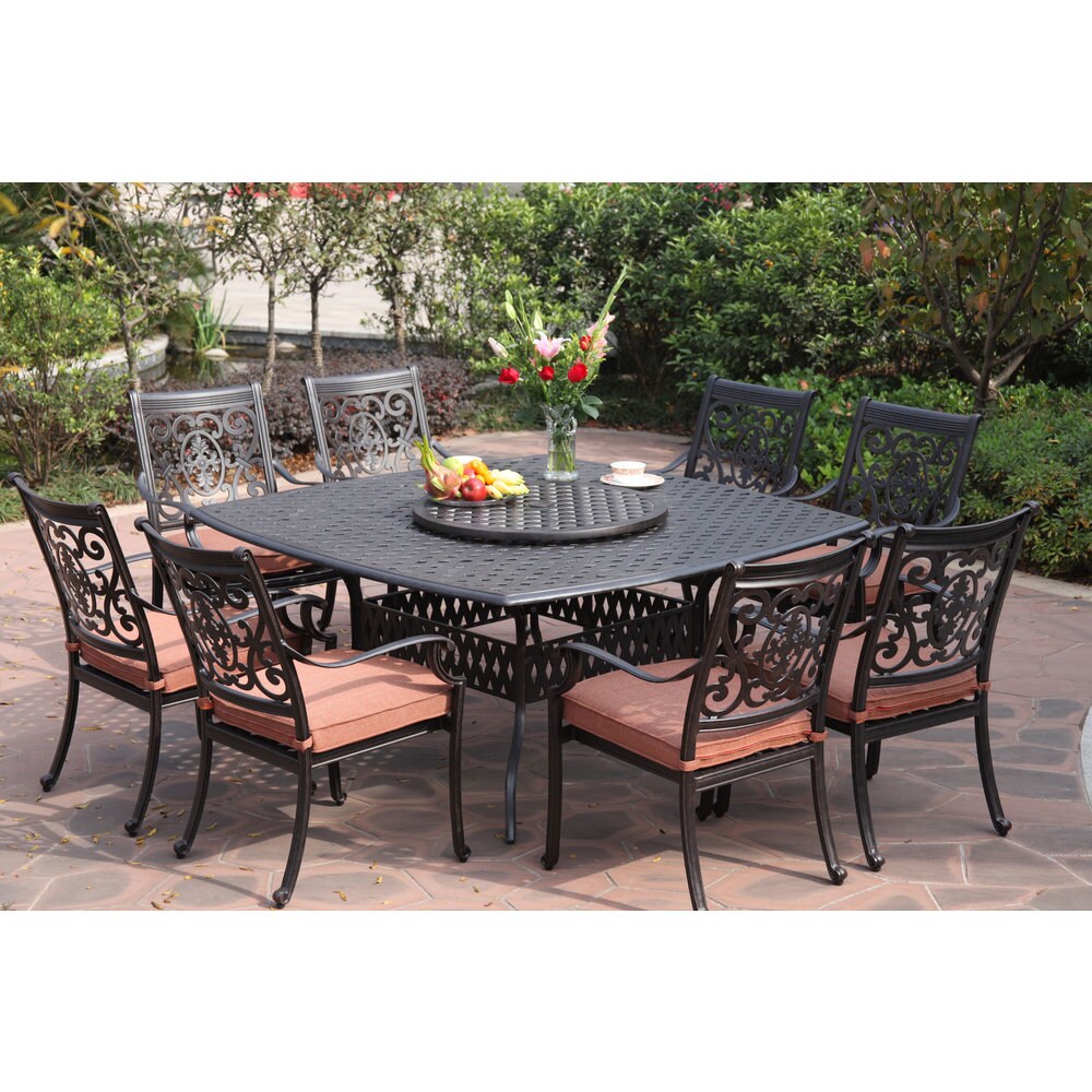 Darlee St.Cruz Antiqued Cast aluminum 10 Piece Dining Set with Spicy Chili Seat Cushions and 30 inch Lazy Susan   Antique Bronze